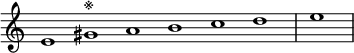 
\relative c' {  
   \new Staff \with { \remove "Time_signature_engraver" }  
   { \key c \major \time 1/1 \cadenzaOn e1 gis^\markup{※} a b c d \bar "|" e \bar"|"}
   }
