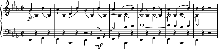 
{ \new PianoStaff <<
  \new Staff <<
  \new Voice \relative g' { \set Score.tempoHideNote = ##t \tempo 2 = 60
  \clef "treble" \key es \major \stemUp \set Staff.midiInstrument = #"piano" \time 2/2 | % 1
  g4 \p ( bes,4 ) bes'4 ( bes,4 ) | % 2
  as'4 -! bes,4 ( d4 bes'4 ) | % 3
  g4 ( bes,4 ) bes'4 ( bes,4 ) | % 4
  as'4 -! bes,4 ^( d4 bes'4 ) | % 5
  g4 ^( bes,4 ) bes'4 ^( bes,4 ) | % 6
  as'4 -! bes,4 ^( d4 bes'4 ) | % 7
  bes4 r4 r2 }
  \relative bes {
  \clef "treble" \key es \major \stemDown \time 2/2 | % 1
  s1*3 | % 4
  r2 bes2 _~ | % 5
  bes2 bes2 _~ | % 6
  bes2 bes2 _~ | % 7
  bes4 s4 s2 } >>
  \new Staff <<
  \new Voice \relative es, { \set Staff.midiInstrument = #"piano"
  \clef "bass" \key es \major \stemDown \time 2/2
  es4 r4 g4 r4 | % 2
  f4 r4 bes,4 r4 | % 3
  es4 r4 g4 \mf r4 | % 4
  f4 r4 bes,4 r4 | % 5
  es4 r4 g4 r4 | % 6
  f4 r4 bes,4 r4 | % 7
  es4 r4 r2 }
  \relative bes {
  \clef "bass" \key es \major \stemUp \time 2/2
  s2*4 | % 3
  r2 bes2 ~ | % 4
  bes2 c4 d4 | % 5
  es1 ~ | % 6
  es4 d4 c4 d4 | % 7
  es2 s4 s4 } >>
>> }
