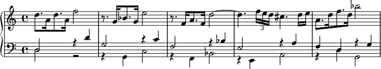 \version "2.18.2"
\new PianoStaff <<
\new Staff {
d''8.[ a'16 d''8. a'16] f''2
r8. g'16[ b'8. g'16] e''2
r8. f'16[ a'8. f'16] d''2 ~
d''4. \times 2/3 {f''16 e'' d''}
cis''4. d''16 e''
a'8.[ d''16 f''8. d''16] b''2
}
\new Staff {
\clef bass
<< {d2 r4 d' g2 r4 c' f2 r4 b e2 r4 a f d r g}
\\ {d2 r r4 g, c2 r4 f, b,2 r4 e, a,2 r4 d g,2} >>
}
>> 