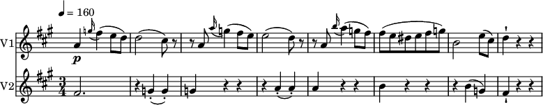 
<< \new Staff \with { instrumentName = #"V1"}
 \relative c'' {
    \version "2.18.2"
    \key a \major 
   
    \time 3/4
    \tempo 4 = 160
    \omit Staff.TimeSignature
     \set Score.currentBarNumber = #108
  a4 \p \grace g'16 (fis4) (e8 d)
  d2 (cis8) r
  r a  \grace a'16 (g4) (fis8 e) 
  e2 (d8) r
  r a  \grace b'16 (a4) (g8 fis)
  fis (e dis e fis g)
  b,2 e8 (cis) d4-! r r
}
\new Staff \with { instrumentName = #"V2"}
 \relative c' {
   \key a \major
   \time 3/4
   fis2. r4 g-. (g-.) g r r
   r a-. (a-.) a r r 
   b r r r b (g) fis-! r r
 }
>>
