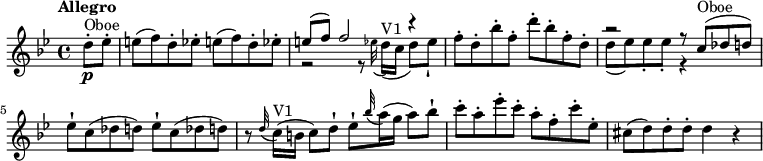 
\relative c'' {
   \version "2.18.2"
   \key bes \major
   \time 4/4
   \tempo "Allegro"
   \tempo 4 = 120
\partial4 d8-. \p ^ \markup {Oboe} es-.
e (f) d-. ees!-. e (f) d-. ees!-.
 <<{e8 (f) f2 r4}  \\  {r2 r8  \grace ees32 (d16) ^\markup {V1} (c d8) [ees-!]}>>
f8-. d-. bes'-. f-. d'-. bes-. f-. d-.
 <<{r2 r8 c8^ \markup {Oboe} (des d)}  \\  {d (ees) ees-. ees-. r4}>>
 ees8-!  c  (des d) ees-!  c  (des d)
 r8  \grace d32 (c16)  ^\markup {V1}  (b c8) d8-! ees-!  \grace bes'32 (a16) (g a8) bes-!
 c-. a-. ees'-. c-. a-. f-. c'-. ees,-.
 cis (d) d-. d-. d4 r
}
