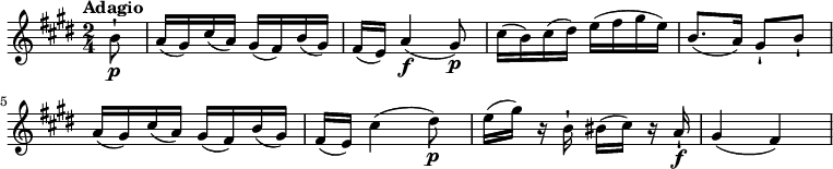 
\relative c' {
   \version "2.18.2"
   \key e \major
   \time 2/4
   \tempo "Adagio"
   \tempo 4 = 60
\partial 8 b'8-!\p 
a16 (gis) cis (a) gis (fis) b (gis) 
fis (e) a4\f (gis8)\p
cis16 (b) cis (dis) e (fis gis e)
b8. (a16) gis8-! b-!
a16 (gis) cis (a) gis (fis) b (gis)
fis (e) cis'4 (dis8\p)
e16 (gis) r16 b,16-! bis (cis) r16 a16-!\f
gis4 (fis)
}
