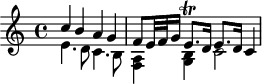 
\version "2.18.2"
\header {
  tagline = ##f
  % composer = "Johann Pachelbel"
  % opus = "Hexachordum Apollinis : Aria quinta"
  % meter = ""
}

\score {
<<
  \relative c'' {
    \key c \major
    \time 4/4
    \override TupletBracket #'bracket-visibility = ##f 

     << { c4 b a g | f8 e32 f g16 e8.\trill d16 e8. d16 c4 } 
     \\ { e4. d8 c4. b8 | <f a >4 <g b > c2 } >> |

  }
>>
  \layout {
     #(layout-set-staff-size 17)
     \context { \Score \remove "Metronome_mark_engraver" 
     \override SpacingSpanner.common-shortest-duration = #(ly:make-moment 1/2)
     }
  }
}
