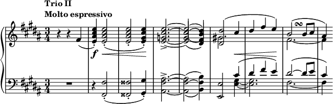 
\relative c' {
  \new PianoStaff <<
   \new Staff {
    \key b \major \time 3/4 \set Score.tempoHideNote = ##t
    \tempo \markup {
     \column {
      \line { { Trio II } }
      \line { Molto espressivo }
     }
    } 4=280
    r4 r fis( <e' cis ais e>-.) q2-.( q-. <e cis gis e>4-.)
    <<
     { <e~ cis~ g_~ e_~>2._> q2( _\( <dis b fis dis>4\) ) }
     \\
     {
      \stemUp s2. 
      \shape #'((0 . -0.5) (0 . -0.7) (0 . -0.7) (-0.5 . -0.5)) PhrasingSlur
      \shape #'((0.8 . 1) (0 . 1) (0 . 0.8) (-0.5 . 0.5)) Slur
      <cis gis>2( ^\( <b fis>4\) )
     }
    >>
    <<
     {
    \override TextScript #'avoid-slur = #'inside
    \override TextScript #'outside-staff-priority = ##f
      <dis dis,>2( cis4 dis fis e)
      b2(^\markup    
           \override #'(baseline-skip . 1) {
           \halign #-3
           \musicglyph #"scripts.turn"
         } b8 cis ais4)
     }
     \\
     { gis!2. s fis~ fis4 }
    >>
   }
   \new Dynamics {
    s2. s4\f s2\< s s4\! s2. s s2 s4\< s2 s4\!
   }
   \new Staff {
    \key b \major \time 3/4 \clef bass
    R2. r4 <fis, fis,>2-.( <fisis fisis,>-. <gis gis,>4-.)
    <ais fis ais,>2.-> ~ <ais fis~ ais,>2( _\( <b fis b,>4\) )
    <e, e,>2
    << { cis'4( dis fis e) dis2( ~ dis8 e cis4) } \\ { <gis e>~ q2. fis2.~ fis4 } >>
   }
  >>
 }
