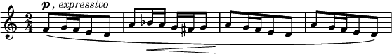 
\relative c' { \new Staff { \key c \major \time 2/4 \numericTimeSignature 
    f8^\markup { \dynamic {p} \italic ", expressivo" }([ g16 f e8 d ] |
    a'8( bes16\< a g fis g8 | a8[\! g16 f e8 d8] | a'8[ g16 f e8 d]) | }}  
