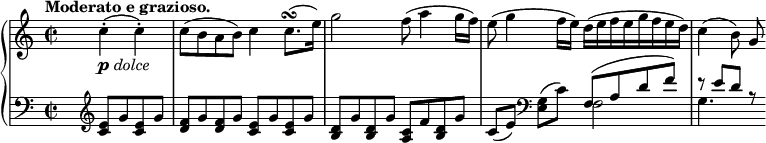 
\relative c'' {
  \new PianoStaff <<
   \new Staff {
    \key c \major \time 2/2 \set Score.tempoHideNote = ##t
    \tempo "Moderato e grazioso." 4=128 \partial 2.
    s4 c-._\markup { \dynamic p \italic dolce } ( c-.)
    c8( b a b) c4 c8.\turn ( e16) g2 f8( a4 g16 f)
    e8( g4 f16 e) d( e f e g f e d) c4( \once \autoBeamOff b8) g
   }
   \new Staff {
    \key c \major \time 2/2 \clef bass
    s4 \clef treble <e c>8 g <e c> g <f d> g <f d> g <e c> g <e c> g
    <d b> g <d b> g <c, a> f <d b> g c,[ ( e) ] \clef bass <g, e>( c)
    << { f,( a d f) r e d r } \\ { f,2 g4. s8 } >> 
   }
  >>
 }
