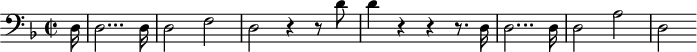 
\header {
  tagline = ##f
}

\score {
  \new Staff \with {

  }
<<
  \relative c {
    \clef treble
    \key f \major
    \time 2/2
    \tempo 2 = 55
    \override TupletBracket #'bracket-visibility = ##f 
    %\autoBeamOff
    \set Staff.midiInstrument = #"string ensemble 1"

     %%%%%%%%%%%%%%%%%%%%%%%%%% AB 9-1 intro
     \partial 16 \clef bass d16 d2... d16 d2 f d r4 r8 d'8 d4 r4 r4 r8. d,16 d2... d16 d2 a' d, 

  }
>>
  \layout {
    \context { \Score \remove "Metronome_mark_engraver"
    }
  }
  \midi {}
}
