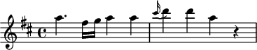 
\header {
  tagline = ##f
}

\score {
  \new Staff \with {

  }
<<
  \relative c''' {
    \key d \major
    \time 4/4
    \tempo 4 = 135
    \tempo "Vivace"
    \override TupletBracket #'bracket-visibility = ##f 
    \autoBeamOff

     %%%%%%%%%%%%%%%%%%%%%%%%%% Hob:XVIII,11
     a4. fis16[ g] a4 a \grace cis16( d4) d a r4

  }
>>
  \layout {
    \context { \Staff \RemoveEmptyStaves }
     \context { \Score \remove "Metronome_mark_engraver" }
    
  }
  \midi {}
}
