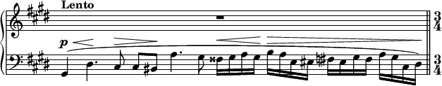 
\new PianoStaff <<
\new Staff = "Up" <<
\new Voice \relative c' {
\clef treble
\key cis \minor
\override Score.TimeSignature.stencil = ##f
\hide Score.MetronomeMark
\tempo 4=40
\time 10/4
s2^\markup{\bold Lento} s1 r
\revert Score.TimeSignature.stencil
\bar "||"
\time 3/4
}
>>
\new Staff = "Down" <<
\new Voice \relative c{
\clef bass
\key cis \minor
\dynamicUp
gis4 \p \< (dis'4. \! cis8 \> cis [bis \!] a'4. gis8 fisis16 \< gis a gis \! b \> a e eis fis eis gis fis a gis cis, dis \!)
}
>>
>>
