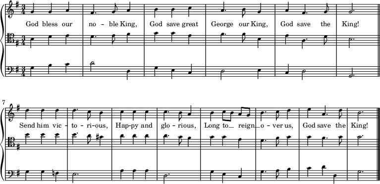 
\new GrandStaff <<
  \new Staff \with { midiInstrument = "choir aahs" \magnifyStaff #5/7 }
  \transpose es g {
    \relative es' { 
      \set Score.tempoHideNote = ##t
      \key es \major
      \time 3/4
      \tempo 4 = 60
       es4 es f d4. es8 f4 g g as f4. g8 es4 f d4. es8 es2. \bar "||" \break
       bes'4 bes bes bes4. as8 g4 as as as as4. g8 f4 g as8[ g] f[ es] g4. as8 bes4 c f,4. bes8 g2. \bar "|."
    }
  }
  \addlyrics {
    \override LyricText.font-size = #-1
    God bless our no -- ble King, God save great George our King, God save the King!
    Send him vic -- to -- ri -- ous, Hap -- py and glo -- ri -- ous, Long to __ _ reign __ _ o -- ver us, God save the King!
  }
  \new Staff \with { midiInstrument = "choir aahs" \magnifyStaff #5/7 }
  \transpose es g {
    \relative es { 
      \set Score.tempoHideNote = ##t
      \clef tenor
      \key es \major
       g4 bes c bes4. c8 d4 es es c d4. d8 g,4 c f,4. bes8 g2.
       g'4 g g g4. f8 e4 f f f f4. es8 d4 es es c bes4. d8 es4 es d4. es8 es2.
    }
  }
  \new Staff \with { midiInstrument = "choir aahs" \magnifyStaff #5/7 }
  \transpose es g {
    \relative es { 
      \set Score.tempoHideNote = ##t
      \clef bass
      \key es \major
       es4 g as bes2 bes,4 es c as bes2 c4 as bes2 es,2.
       es'4 es des c2. f4 f f bes,2. es4 c as es'4. f8 g4 as bes bes, es2.
    }
  }
>>
