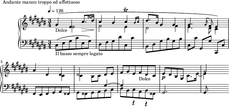 
\version "2.18.2"
\header {
  tagline = ##f
}
upper = \relative c'' {
  \clef treble 
  \key cis \major
  \time 3/4
  \tempo 4 = 126
  %\autoBeamOff
  \override TupletBracket.bracket-visibility = ##f

   %%Montgeroult — Étude 101 (pdf p. 149)
   
    << { gis4(_\markup{Dolce} eis cis'8.\> dis16\! cis4 bis \afterGrace cis\trill { bis16 cis } dis8. bis16 gis4 gis gis4. \acciaccatura gis8 fis8 eis4) } { s2 s8 s\turn } \\ { s4 eis2 fis2 eis4 dis2 fis4 eis4. dis8 cis4 } >>
    << { ais'4( dis, dis dis2 dis8 eis  fis gis eis fis_\markup{Dolce} dis cis } \\ { s2 cis4 cis bis8 cis  \change Staff = "lower" \stemUp gis4^~ gis r4 r4 }  >>
    eis'8\p dis bis gis   
    << { s4 gis'2) } \\ { cis,8. eis16~] eis4 } >>

}

lower = \relative c {
  \clef bass
  \key cis \major
  \time 3/4

   cis8(_\markup{Il basso sempre legato} eis gis cis eis, gis) dis fis gis dis' cis, cis'
   bis,8 dis gis bis gis bis
   cis,8[ cis'] gis,[ gis'] cis,,[ cis']
   fis,8 eis fis gis ais fisis | \stemDown gis fisis gis ais bis cis dis bis cis ais bis fisis \stemUp gis2. gis8

}

  \header {
    piece = "Andante manon troppo ed affettuoso"
  }

\score {
  \new PianoStaff <<
    \new Staff = "upper" \upper
    \new Staff = "lower" \lower
  >>
  \layout {
    \override TupletBracket.bracket-visibility = ##f
    \context {
      \Score
      %\remove "Metronome_mark_engraver"
    }
  }
  \midi { }
}
