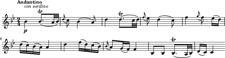 
\relative c' { 
    \version "2.18.2"
    \clef "treble" 
    \key bes  \major
    \time 2/4
    \tempo "Andantino" 
   bes'4 \p^\markup {\italic {con sordino}} bes8. \trill  (a32 bes)
   \grace d16 (c8) bes4 (a8)
   d4 d8. \trill  (c32 d)
   \grace f16 (ees8) d4 (c8)
   f4 \grace g16 (f8) ees16 [(d)]
   d (c) bes (a) a4
   d4 f16 (d) c (bes)
   \grace bes16 (a8) g16 (f) f4
   bes,8 bes  bes8. \trill  (a32 bes)
   d16 (c) c4
}
