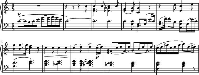 
 \relative c' {
  \new PianoStaff <<
   \new Staff { \key a \minor \time 6/8     \set Score.tempoHideNote = ##t
     \tempo "" 8 = 105

R1*6/8 r4 r8 r4  c'8
    <<
   {c4 c8 c4 c8}
    \\
   {<e, g>4. <ees aes>4.}
    >>
{<e g>4( <e a>8) <c a'>4 r8 r4 d'8 <c e,>4 e8 <b f'> <b f'>8. <b f'>16 <c e>4 c8 c4\< c8 c4 c8\! c4( d8) d4-> c16\p( d) fis,8( c'16 d fis, d') \stemUp g,8( b16 d g, d') \stemNeutral c16( d fis c d fis g8) d( dis)} 
   }
   \new Staff { \key a \minor \time 6/8 \clef bass \relative c'
{c8~( ^\markup{ \dynamic p} c16 b c e g8 ~ g16 a g e c2.~) c4. c4. c4 <c g>8
    <<
      \voiceOne { g8.[ g16(] e'[ c)] }
    \\
      \voiceTwo{e,4.}
    >>
\oneVoice <b' g>16.[( f'32]) f8[ b,] <c, g' c>8.[ g'16( e' c)] <g d'>4.( <c e>4.) <a c f>4. <bes c e>4. <a c f>4 <a c f>8 <aes c d fis>4. <aes c d>4. <g b d>4. <d a' d>4. <g b d>4 r8 }

    }
  >>
 }
