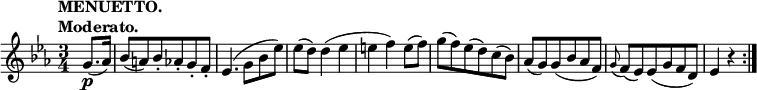 
\relative c'' \new Staff {
 \key es \major \time 3/4 \set Score.tempoHideNote = ##t
 \tempo \markup {
  \column {
   \line { MENUETTO. }
   \line { Moderato. }
  }
 } 4=120 \partial 4
 g8.\p ( aes16) bes8( a) bes-. aes-. g-. f-. es4.( g8 bes es)
 es( d) d4( es e f) e8( f) g( f) es( d) c( bes)
 aes( g) g( bes aes f) \appoggiatura g f( es) es( g f d) es4 r \bar ":|."
}
