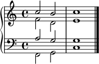 
\version "2.14.2"
\header {
  tagline = ##f
}
upper = \relative c'' {
  \clef treble 
  \key c \major
  \time 4/4
  \tempo 4 = 100
  %\autoBeamOff

   << { c2 b c1 } \\ { f,2 d e1 } >>
   \bar "|."

}

lower = \relative c' {
  \clef bass
  \key c \major
  \time 4/4
    
   << { a2 g g1 } \\ { f,2 g c1 } >>
   
} 

\score {
  \new PianoStaff <<
    \set PianoStaff.instrumentName = #""
    \new Staff = "upper" \upper
    \new Staff = "lower" \lower
  >>
  \layout {
    \context {
      \Score
      \remove "Metronome_mark_engraver"
    }
  }
  \midi { }
}
