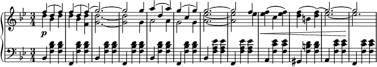 
 \relative c' {
 \new PianoStaff <<
  \new Staff { \key g \minor \time 3/4
  \set Score.tempoHideNote = ##t
   \tempo "" 2. = 64
  <<
  {
   f'( d f) f( d f)( g2.~) g2 g4 a( d, a') g( c, g') g2.~ g2 f4 s\< s s s s s g2.~ g2\!
  }
  \\
  {
   d4 bes d d bes <d f,> <g, d'>2.~ <g d'>2 g4 a2 a4 g2 g4 <a ees'>2.~ <a ees'>2 ees'4 <ees f>^( c <ees f>) <d f>^( b <d f>)^( ees2.~) ees
  }
  >>
  }
  \new Dynamics {
  s\p
   }
  \new Staff { \key g \minor \time 3/4 \clef bass
   bes,,4 <f' bes d> <f bes d> f, <f' bes d> <f bes d> bes, <f' bes d> <f bes d> f, <f' bes d> <f bes d> bes, <f' bes d> <f bes d> f, <f' bes d> <f bes d> bes, <f' a ees'> <f a ees'> f, <f' a ees'> <f a ees'> a, <f' c' ees> <f c' ees> gis,4 <f' b d> <f b d> a, <f' c' ees> <f c' ees> f, <f' c' ees> <f c' ees>
  }
 >>
 }
