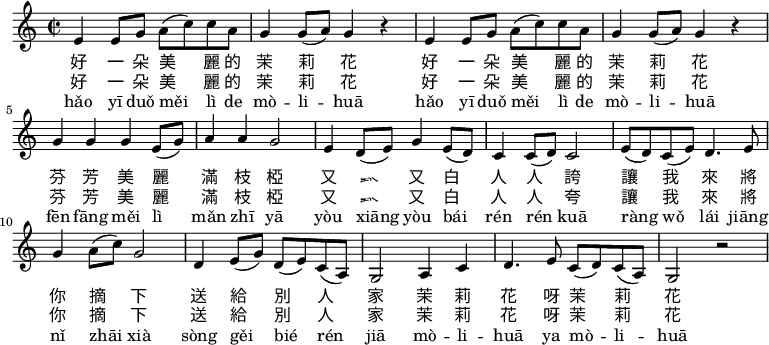 
\relative c' {
 \key c \major
 \clef treble
 \time 2/2
 e4 e8 g a( c) c a |
 g4 g8( a) g4 r |
 e4 e8 g a( c) c a |
 g4 g8( a) g4 r |
 g g g e8( g) |
 a4 a g2 |
 e4 d8( e) g4 e8( d) |
 c4 c8( d) c2 |
 e8( d) c( e) d4. e8 |
 g4 a8( c) g2 |
 d4 e8( g) d( e) c( a) |
 g2 a4 c |
 d4. e8 c( d) c( a) |
 g2 r \bar ".|"
}
\addlyrics {
 好 一 朵 美 麗 的 茉 莉 花
 好 一 朵 美 麗 的 茉 莉 花
 芬 芳 美 麗 滿 枝 椏
 又 香 又 白 人 人 誇
 讓 我 來 將 你 摘 下
 送 給 別 人 家
 茉 莉 花 呀 茉 莉 花
}
\addlyrics {
 好 一 朵 美 麗 的 茉 莉 花
 好 一 朵 美 麗 的 茉 莉 花
 芬 芳 美 麗 滿 枝 椏
 又 香 又 白 人 人 夸
 讓 我 來 將 你 摘 下
 送 給 別 人 家
 茉 莉 花 呀 茉 莉 花
}
\addlyrics {
 hǎo yī duǒ měi lì de mò -- li -- huā
 hǎo yī duǒ měi lì de mò -- li -- huā
 fēn fāng měi lì mǎn zhī yā
 yòu xiāng yòu bái rén rén kuā
 ràng wǒ lái jiāng nǐ zhāi xià
 sòng gěi bié rén jiā
 mò -- li -- huā ya mò -- li -- huā
}
