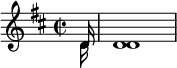 
\relative c' {
  \key d \major
  \time 2/2 <<
  \new Voice = "first"
    { \voiceOne \partial 16 d16 d1}
  \new Voice= "second"
    { \voiceTwo \partial 16 d16 d1}
>>
}
