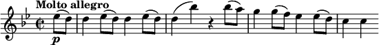 
\relative c'' {
 \key g \minor
 \time 2/2
 \tempo "Molto allegro"
 \set Staff.midiInstrument = #"violin"
 \set Score.tempoHideNote = ##t \tempo 2 = 105
 \partial 4 es8(\p d) |
 d4 es8( d) d4 es8( d) |
 d4( bes') r bes8( a) |
 g4 g8( f) es4 es8( d) |
 c4 c
}
