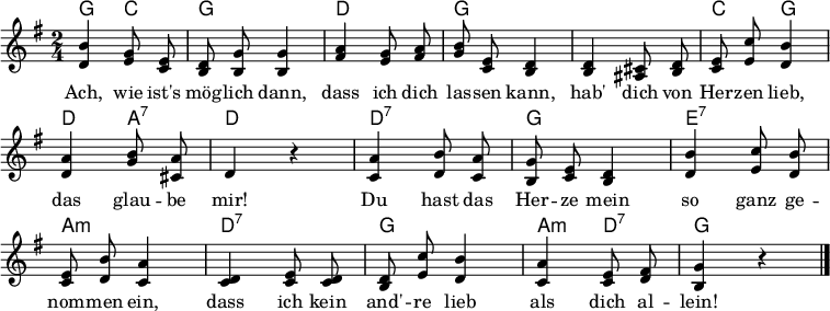 
\layout { \context { \Score \remove "Bar_number_engraver" } }
<<
\new ChordNames { \set Staff.midiInstrument = #"acoustic guitar (nylon)" \chordmode { g,4 c, g,2 d, g, s c,4 g, d, a,:7 d,2 d,:7 g, e,:7 a,:m d,:7 g, a,4:m d,:7 g,2} }
\relative g' {\set Staff.midiInstrument = #"clarinet" \autoBeamOff \key g \major \time 2/4 \set Score.tempoHideNote = ##t \tempo 4=55
<b d,>4 <g e>8 <e c>8 | <d b>8 <g b,>8 <g b,>4 | <a fis>4 <g e>8 <a fis>8 | <b g>8 <e, c>8 <d b>4 | <d b>4 <cis ais>8 <d b>8 | <e c>8 <c' e,>8 <b d,>4 | <a d,>4 <b g>8 <a cis,>8 | d,4 r |
<a' c,>4 <b d,>8 <a c,>8 | <g b,>8 <e c>8 <d b>4 | <b' d,>4 <c e,>8 <b d,>8 | <e, c>8 <b' d,>8 <a c,>4 | <d, c>4 <e c>8 <d c>8 | <d b>8 <c' e,>8 <b d,>4 |
  \tempo 4=50 <a c,>4 <e c>8 <fis d>8 | <g b,>4 r \bar "|."
}
\addlyrics {
Ach, wie ist's mög -- lich dann,
dass ich dich las -- sen kann,
hab' dich von Her -- zen lieb,
das glau -- be mir!
Du hast das Her -- ze mein
so ganz ge -- nom -- men ein,
dass ich kein and' -- re lieb
als dich al -- lein!
 }
>>
\midi { \context { \ChordNames midiMinimumVolume = #0.3 midiMaximumVolume = #0.3 } }
