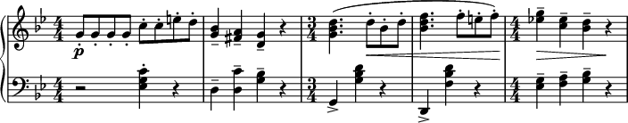 
 { \new PianoStaff <<
    \new Staff = "RH" \relative c'' { \clef treble \key g \minor \numericTimeSignature
      \time 4/4 [ g8-.\p g-. g-. g-. ] [ c-. c-. e-. d-. ] | <bes g>4-- <a fis>4--  <g d>4--  r4 |
      \time 3/4 <d' bes g>4.( d8-.\< bes-. d-. |<f d bes>4.( f8-. e-. f-.) |
      \time 4/4 <g ees!>4--\> <ees c>-- <d bes>--  r\! |}
    \new Staff = "LH" \relative c' { \clef bass \key g \minor  \numericTimeSignature
      \time 4/4  r2 <c g ees>4-. r | d,--  < c' d, >-- <bes g>-- r | 
      \time 3/4  g,4-> <d'' bes g> r | d,,-> <d'' bes f> r |
      \time 4/4 <g, ees>4-- <a f>-- <bes g>-- r  |}
   >> }
