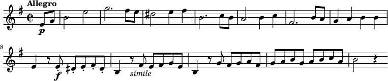 
\relative c'' {
  \version "2.18.2"
    \key g \major
    \time 2/2
    \tempo "Allegro"
    \tempo 4 = 160
  \partial 4 e,8\p g
  b2 e
  g2. fis8 e
  dis2 e4 fis
  b,2. c8 b
  a2 b4 c
  fis,2. b8 a
  g4 a b b
  e, r8 e-.\f dis-. e-. fis-. dis-.
  b4 r8_\markup{\italic simile} fis' e fis g e
  b4 r8 g'8 fis g a fis
  g a b g a b c a
  b2 r4
  }
