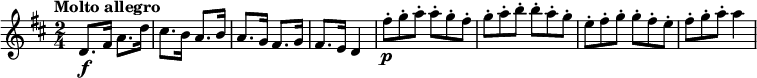 
\relative c'' {
  \version "2.18.2"
  \key d \major
   \time 2/4
    \tempo "Molto allegro"
    \tempo4 = 120
  d,8. \f fis16 a8. d16
  cis8. b16 a8. b16
  a8. g16 fis8. g16
  fis8. e16 d4
  \scaleDurations 2/3 { fis'8-.  \p [g-. a-.] }  \scaleDurations 2/3 {a-. [g-. fis-.]} 
  \scaleDurations 2/3 {g-. [a-. b-.]}  \scaleDurations 2/3 {b-. [a-. g-.]}
  \scaleDurations 2/3 {e-. [fis-. g-.]} \scaleDurations 2/3 {g-. [fis-. e-.]} \scaleDurations 2/3 {fis-. [g-. a-.]} a4 
}
