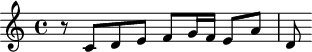 
\version "2.18.2"
\header {
  tagline = ##f
}

\score {
  \new Staff \with {

  }
<<
  \relative c' {
    \key c \major
    \time 4/4

     %% SUJET fugue CBT I-1, BWV 846, ut majeur
     r8 c8 d e f8 g16 f e8 a d, 
  }
>>
  \layout {
     \context { \Score \remove "Metronome_mark_engraver" }
  }
  \midi {} 
}
