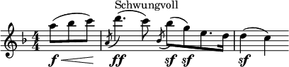  \relative c'' { \clef treble \key f \major \numericTimeSignature \time 4/4 \partial 8*3 \set Staff.midiInstrument = #"violin"
a'8(\f\< bes c)\! | \slashedGrace { a,( } d'4.)(\ff^"Schwungvoll" c8) \slashedGrace { bes,( } bes'\sf)([ g\sf) e8. d16] | d4\sf( c) } 