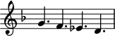 
\version "2.18.2"
\header {
  tagline = ##f
}

\score {
  \new Staff \with {
    \remove "Time_signature_engraver"
  }
  \relative c'' {
    \key f \major
    \time 6/4
    \tempo 4 = 60
    \autoBeamOff
    \clef treble
    \override Rest #'style = #'classical
    \set Staff.midiInstrument = #"violin"

  g4. f ees d

  }
  \layout {
    \context {
      \Score
      \remove "Metronome_mark_engraver"
    }
  }
  \midi {}
}
