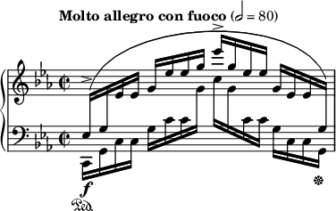 
\new PianoStaff <<
\new Staff = "Up" <<
\new Voice \relative c' {
\clef treble
\key c \minor
\override Score.MetronomeMark.Y-offset = #10
\tempo "Molto allegro con fuoco" 2=80
\time 2/2
\stemUp
\change Staff = "Down"
ees,16^> \f ^([g 
\change Staff = "Up"
ees' ees] g ees' ees g ees'^> [g, ees ees] g, ees ees
\change Staff = "Down"
g,)
}
>>
\new Staff = "Down" <<
\new Voice \relative c{
\clef bass
\key c \minor
\stemDown
c,16 \sustainOn [g' c c] g' c c
\change Staff = "Up"
g' c [g
\change Staff = "Down" c, c] g c, c g \sustainOff
}
>>
>>
