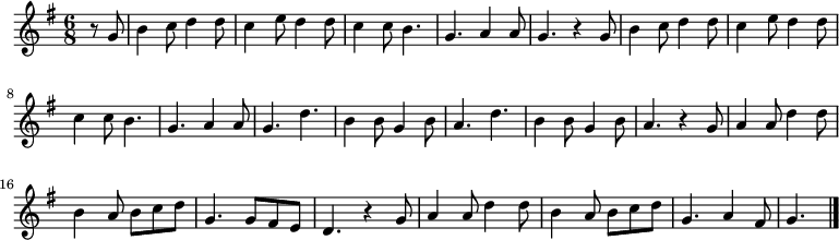 
\relative c'' {
  \key g \major
  \numericTimeSignature
  \time 6/8
  \partial 4
  \dynamicUp
  r8 g
  b4 c8 d4 d8
  c4 e8 d4 d8
  c4 c8 b4.
  g a4 a8
  g4. r4 g8
  b4 c8 d4 d8
  c4 e8 d4 d8
  c4 c8 b4.
  g a4 a8
  g4. d'
  b4 b8 g4 b8
  a4. d
  b4 b8 g4 b8
  a4. r4 g8
  a4 a8 d4 d8
  b4 a8 b c d
  g,4. g8 fis e
  d4. r4 g8
  a4 a8 d4 d8
  b4 a8 b c d
  g,4. a4 fis8
  g4.\bar "|."
}
