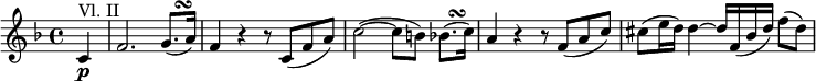 { \relative c' { \key f \major \time 4/4
\partial 4 c4 \p ^"Vl. II" | f2. g8.( ^\markup { "  " \musicglyph #"scripts.turn" } a16)
f4 r r8 c( f a) | c2~( c8 b) bes8.( ^\markup { " " \musicglyph #"scripts.turn" } c16)
a4 r r8 f( a c) | cis8( e16 d) d4~ d16 f,( bes d) f8( d) }}
\layout { \context {\Score \override SpacingSpanner.common-shortest-duration = #(ly:make-moment 1/8) }}