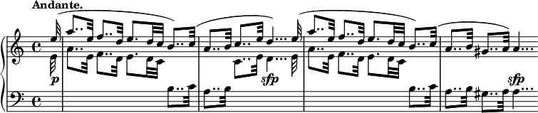 
\relative c'' {
  \new PianoStaff <<
   \new Staff = "R" { \key a \minor \time 4/4 \set Score.tempoHideNote = ##t \tempo "Andante." 2=86 \partial 32
    \stemUp e32^( a8.. e32 f8.. d32 e8. d32 c b8..) c32^( a8.. b32 c8.. e32 d4...) e32^(
    a8.. e32 f8.. d32 e8. d32 c b8..) c32^( a8.. b32 gis8.. a32) a4...
   }
   \new Dynamics {
    s32\p s1 s2 s4\sfp s s1 s2 s4\sfp s
   }
   \new Staff = "L" { \key a \minor \time 4/4 \clef bass \partial 32
    \change Staff = "R" \stemDown e32 a8.. e32 f8.. d32 e8. d32 c \change Staff = "L" b8.. c32
    a8.. b32 \change Staff = "R" c8.. e32 d4... e32
    a8.. e32 f8.. d32 e8. d32 c \change Staff = "L" b8.. c32
    a8.. b32 gis8.. a32 a4...
   }
  >>
 }
