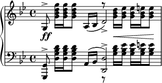 
{
\new PianoStaff
<<
  \new Staff
  {
    \clef treble
    \autoBeamOff
    \time 4/4
    \key g\minor
    <<
      {
        \slurDown
        g8^> s s a16 [( bes] d'2_> )
      }
      \\
      {
        s8 <g'' d'' bes' g'>16 [ <g'' d'' bes' g'> <g'' d'' bes' g'>8 ] s g''\rest <d'' bes' g'>16 [ <ees'' bes' g'> ] <ees'' bes' g'> [ <e'' bes' g'> <e'' bes' g'>8 ]
      }
    >>
  }
  \new Dynamics { s8\ff s s s s s16\< s s s s8\! }
  \new Staff = "LeftHand"
  {
    \clef bass
    \autoBeamOff
    \key g\minor
    <<
      {
        <g, g,,>8^> s s a,16 ( [ bes, ] <d d,>2^> )
      }
      \\
      {
        s8 <d' bes g d>16 [ <d' bes g d> <d' bes g d>8] s8 r8 <d' bes g>16 [ <ees' bes g> ] <ees' bes g> [ <e' bes g> <e' bes g>8]
      }
    >>
  }
>>
}
