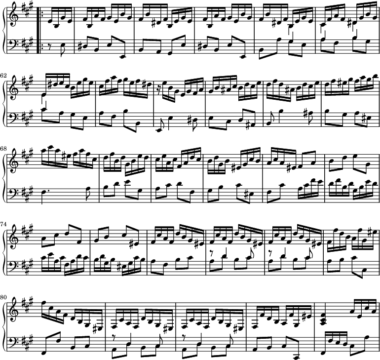 
\version "2.18.2"
\header {
  tagline = ##f
  % composer = "Paradisi"
  % opus = ""
  % meter = "Allegro"
}

%% les petites notes
%trillBesp     = { \tag #'print { bes4.\prall } \tag #'midi { c32 bes c bes~ bes4 } }

upper = \relative c'' {
  \clef treble 
  \key a \major
  \time 2/4
  \tempo 4 = 122
  \set Staff.midiInstrument = #"harpsichord"
  \override TupletBracket.bracket-visibility = ##f
  \set Score.currentBarNumber = #57
  \omit Staff.TimeSignature

\bar "" \bar ".|:"
      \partial 4      e,16 b gis' e | fis b, a' fis gis e b' gis | fis b dis, fis b, e gis e | fis b, a' fis gis e b' gis | fis b dis, fis << { b, e gis e } \\ { b4 } >>
      % ms. 62
      << { cis16 fis a fis dis gis b gis | e dis' e cis } \\ { cis,4 dis | e } >> b'16 e gis e | cis fis a fis gis e fis dis | r16 e16 b gis e gis fis a |
      % ms. 66
      gis16 b ais cis b d cis e | d fis d ais b d cis e | d fis eis gis fis a gis b | a cis a eis fis a fis cis |
      % ms. 70
      d fis b, d  gis, b e d | cis e a, cis fis, a d cis | b d gis, b eis, gis cis b | a cis a eis fis8 a |
      % ms. 74
      b8 d e gis, | a cis d fis, | gis b cis eis, | fis16 cis' a fis d' b gis eis |
      % ms. 78
      \repeat unfold 2 { fis16 cis' a fis d' b gis eis } | fis fis' d b a fis' gis, eis' | fis cis a fis d b gis eis |
      % ms. 82
      \repeat unfold 2 { fis16 cis' a fis d' b gis eis } | fis fis' d b a fis' gis, eis' | < a, cis fis >4 a'16 e cis' a |

}

lower = \relative c' {
  \clef bass
  \key a \major
  \time 2/4
  \omit Staff.TimeSignature
  \set Staff.midiInstrument = #"harpsichord"
  \override TupletBracket.bracket-visibility = ##f

    % **************************************
      r8 e,8 | dis b e e, | b' a gis e' | dis b e e, | b' a' << { gis4 } \\ { gis8 e } >>
      % ms. 62
      << { a4 b | cis } \\ { a8 fis b gis | cis a } >> gis8 e | a fis b b, | e,8 e'4 dis8 |
      % ms. 66
      e8 cis d ais | b b'4 ais8 | b gis a eis | fis4. a8 |
      % ms. 70
      b8 d e gis, | a cis d fis, | gis b cis eis, | fis cis' a16 cis fis e |
      % ms. 74
      d16 fis b, d gis, b e d | cis e a, cis fis, a d cis | b d gis, b eis, gis cis b | a8 fis b cis |
      % ms. 78
      \repeat unfold 2 { << { r8 d4 cis8 } \\ { a8 d b cis } >> } | a8 b cis cis, | fis, fis' b, cis |
      % ms. 82
      \repeat unfold 2 { << { r8 d4 cis8 } \\ { a8 d b cis } >> } | a8 b cis cis, | fis16 fis' e d cis8 a' |

}

thePianoStaff = \new PianoStaff <<
    \set PianoStaff.instrumentName = #""
    \new Staff = "upper" \upper
    \new Staff = "lower" \lower
  >>

\score {
  \keepWithTag #'print \thePianoStaff
  \layout {
    indent = #0
      #(layout-set-staff-size 17)
    \context {
      \Score
     \override SpacingSpanner.common-shortest-duration = #(ly:make-moment 1/2)
      \remove "Metronome_mark_engraver"
    }
  }
}

\score {
  \keepWithTag #'midi \thePianoStaff
  \midi { }
}
