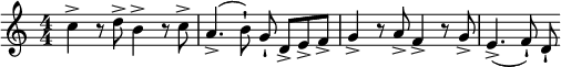  \relative c'' { \clef treble \numericTimeSignature \time 4/4 \key c \major c4-> r8 d-> b4-> r8 c-> | a4.->( b8-!) g-! d->[ e-> f->] | g4-> r8 a-> f4-> r8 g-> | e4.->( f8-!) d-! } 