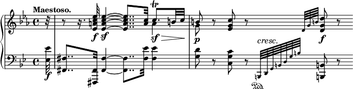 
 \relative c' {
  \new PianoStaff <<
   \new Staff { \key c \minor \time 4/4 \tempo "Maestoso." \partial 32
    <<
     {
      \override DynamicLineSpanner #'staff-padding = #1.8
      \override DynamicLineSpanner #'Y-extent = #'(-1.0 . 1.0)
      \override TextScript #'Y-extent = #'(-1.5 . 1.5)
       b'32\rest b8\rest b16.\rest <es c a es>32\f <es~ c~ a~ es~>4\sf <es c a es>8.. <c a>32 c8.^\trill\sf\> b32 c\!
       b8\p b\rest <c g es> b\rest \grace { d,64[ g b!] } <d g, d>8\f b\rest
     }
     \\
      { s32 s2. a4 g8 }
     >>
    }
   \new Staff { \key bes \major \time 4/4 \clef bass
    <es es,>32\f <fis, fis,>8.. <fis, fis,>32 <fis'~ fis,~>4 <fis fis,>8.. <es' fis,>32 <es fis,>4
    <d g,>8 r <c g c,> r \grace { b,,64\sustainOn ^\cresc [ d\! g b d g b] s32. } <b,! b,!>8 r
   }
  >>
 }
