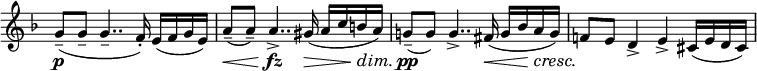 
<<
 \relative c'' \new Staff \with { \remove "Time_signature_engraver" } {
  \set Score.tempoHideNote = ##t \tempo "" 4.=50 \key f \major \time 4/4
  g8--( g-- g4..-- f16-.) e( f g e) a8--( a--) a4.._> gis16( a c b a)
  g!8--( g) g4.._> fis16( g bes a g) f!8 e d4_> e_> cis16( e d cis)
 }
 \new Dynamics {
  s8\p s s2. s8\< s s4..\fz s16\> s8 s\dim s\pp s s4.. s16\< s8 s\cresc s\!
 }
>>
