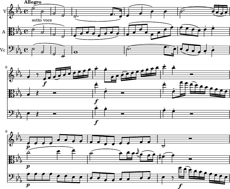 
<< \new Staff \with { instrumentName = #"V"}  
     \relative c'' {
    \version "2.18.2"
    \key ees \major 
    \tempo "Allegro"
    \time 4/4
    \tempo 4 = 130
  ees2 _\markup {sotto voce} (bes g ees)
  d2. (f8. d16)
  ees4 (g bes) bes
  bes2. (bes16) (aes g aes)
  g4 r8 ees16\f f g (aes) bes c d ees f g
  aes4-. g8-. g,16 aes bes (c) d ees f g aes bes
  c4-. bes-. r2
  ees,,8\p ees ees ees aes aes g g
  f f d d ees ees f f
  bes,2 r
}
\new Staff \with { instrumentName = #"A "} \relative c'' {
    \key ees \major 
    \clef "alto"
    ees,2 (bes g ees)
    f8 (aes bes aes f aes bes aes)
    g (bes ees bes g bes ees g)
    g (f ees d) ees4-. f-.
    bes,4 r r2
    ees'4-.\f ees,-. r2
    ees'4-. ees,8-. g'16 f ees (d) c bes aes g f ees
    c'2\p (d4 ees)
    bes2 (bes8) c16 bes \grace bes16 (aes8) (g16 aes)
    fis4 (g) r2
 }
 \new Staff \with { instrumentName = #"Vc "} \relative c'' {
    \key ees \major 
    \clef "bass"
    ees,,2 (bes g ees)
    bes'1 ees2. (g8. ees16) 
    ees8 (d c bes) c4-. d-.
    ees r r2
    c'4-.\f bes-. r2 aes4-. g-. r2
    aes8\p aes aes aes f f ees ees
    d d bes bes c c d d
    ees4 r8 g'16\f f (ees) d c bes aes g f ees
 } 
>>
