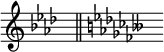 { \omit Score.TimeSignature \omit Score.KeyCancellation { \key aes \major s16 ^\markup "" \bar "||" \set Staff.keyAlterations = #`((6 . ,NATURAL)(2 . ,FLAT)(5 . ,FLAT)(1 . ,FLAT)(4 . ,FLAT)(0 . ,FLAT)(3 . ,FLAT)(6 . ,DOUBLE-FLAT)) s16 ^\markup ""}}