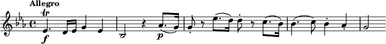 
\relative c' {
  \version "2.18.2"
  \tempo "Allegro"
  \key es \major
  es4.\f\trill d16 es g4 es |
  bes2 r4 as'8.(\p g16) |
  g8-. r es'8.( d16) d8-. r c8.( bes16) |
  bes4.( c8) bes4-. as-. |
  g2
}
