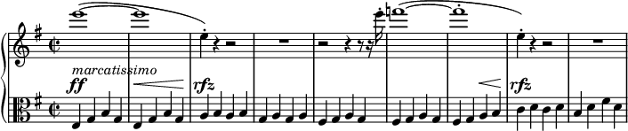 
\version "2.18.2"
\header {
  tagline = ##f
}
upper = \relative c'' {
  \clef treble 
  \key e \minor
  \time 2/2
  \set Score.tempoHideNote = ##t
  \tempo 2 = 152
  \set Staff.midiInstrument = #"piccolo"

   %%Chosta — Symphonie 8, thème Allegretto
    e'1~( e e,4-.) r4 r2 R1 r2 r4 r8 r16 e'16-. f1~( f-. e,4-.) r4 r2 R1

}

lower = \relative c {
  \clef alto
  \key e \minor
  \time 2/2
  \set Staff.midiInstrument = #"string ensemble 1"

   e4^\ff^\markup{\italic{marcatissimo}} g b g e^\< g b g\!
   a^\rfz b a b g a g a
   fis g a g fis g a g 
   fis g a^\< b\! c^\rfz d c d 
   b d fis d
}

\score {
  \new PianoStaff <<
    \new Staff = "upper" \upper
    \new Staff = "lower" \lower
  >>
  \layout {
    \context {
      \Score
      
    }
  }
  \midi { }
}
