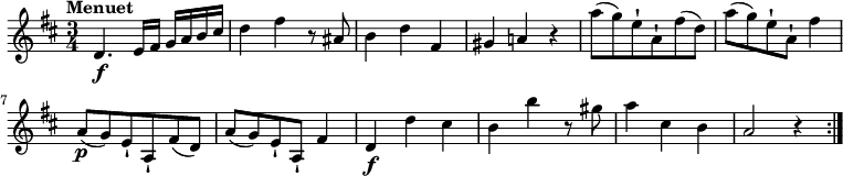 
 \relative c' { 
         \version "2.18.2"
         \clef "treble" 
         \tempo "Menuet" 
         \key d \major
         \time 3/4
                  d4. \f e16 fis g a b cis
                  d4 fis4 r8 ais,8
                  b4 d fis,
                  gis a! r4
                  a'8 (g) e-! a,-! fis' (d)
                  a'8 (g) e-! a,-! fis'4    
                  a,8\p (g) e-! a,-! fis' (d)
                  a'8 (g) e-! a,-! fis'4
                  d4\f d' cis
                  b b' r8 gis8
                  a4 cis, b
                  a2 r4 \bar ":|."
}
