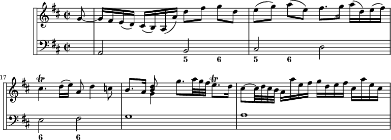 
\version "2.18.2"
\header {
  tagline = ##f
}

\score {

 \new StaffGroup <<
\set StaffGroup.systemStartDelimiter = #'SystemStartSquare
    \new Staff {
      \relative c'' {
      \key d \major
      \time 2/2
      \tempo 4 = 70
      % \autoBeamOff
      \clef treble
      \set Score.currentBarNumber = #15
      \override Rest #'style = #'classical
      \override TupletBracket #'bracket-visibility = ##f
      \override TupletNumber #'stencil = ##f

   % Violon - Ms. page 62 / pdf p. 67
   \partial 8 g8~
   g16[ fis e( d)] cis[( b) a( a')] d8[ fis] g[ d]
   e8[( g)] a[( e)] fis8.[ g16] a[( d,) e( fis)] 
   cis4.\trill d16( e) a,8 d4 c8
   b8. a16 << { << d8 b >> } \\ { g4 } >> g'8. {\times 2/3 { a32 g fis }} e8.\trill d16
   cis8~ cis32 {\times 2/3 { d32 cis b }} a16[ a' e fis] g[ d e fis] cis[ a' e cis]

    }
}

    % Continuo
    \new Staff {
  <<
      \key d \major

    \new Voice { \clef bass s8 a,2 b, cis d e fis g1 a1 }
    \new FiguredBass {
      \figuremode {
      s8 s2 < 5 >4 < 6 >4
      < 5 >4 < 6 >4 s2 < 6 >2 < 6 >2
      }
    }
  >>
    }
 >>
  \layout {
    \context {
      \Score
      \remove "Metronome_mark_engraver"
    }
  }
  \midi {}
}
