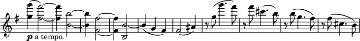 
 \relative c' \new Staff \with { \remove "Time_signature_engraver" } { \key e \minor \time 3/4
  <g''' g,>4_\markup { \dynamic p a tempo. }( <fis~ fis,~>2) <fis fis,>4 <b,~ b,~>2 <b b,>4 <fis~ fis,~>2 <fis fis,>4 <b,~ b,>2 \stemUp b4( \stemNeutral g fis) fis2( ais4) r8 g'( g'4. fis8) r fis cis4.( b8) r b( g4. fis8) r fis( cis4. b8)
 }
