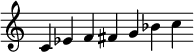 
\new staff \relative c'  {\time 9/4 \override Score.BarLine.stencil = ##f \override Score.TimeSignature.stencil = ##f c ees f fis g bes c}
 