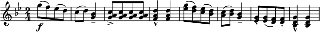 
\relative c' {  
   \new Staff  
   { \key g \minor  \time 2/4
     [g''8-\markup { \dynamic f }( f) es( d)] | c( d) <bes g>4--  | [ <c a g>8-> <c a g> <c a g> <c a g>] | <d a f>4-^ <d a f> |
     [<g es>8( <f d>) <es c>( <d bes>)] | <c a>( <d bes>) <bes g>4--  | [ <g es>8-. <g es>( <f d>) <f d>-.] | <g d bes>4-^ <g d bes> }
   }
