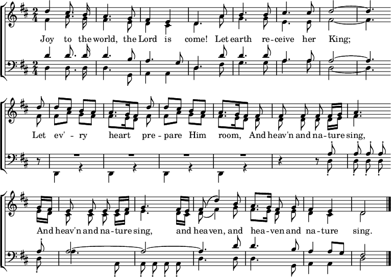 % Source: Lowell Mason, "The Modern Psalmist" (1839), No. 144
%   https://archive.org/details/modernpsalmistco00maso/page/143/mode/1up
% Also: http://cantorion.org/music/3710/Joy-to-the-World-Voice-SATB
\header { tagline = ##f }
\layout { indent = 0
  \context { \Score \remove "Bar_number_engraver" }
  \context { \Voice \remove "Dynamic_engraver" }
}
global = { \key d \major \numericTimeSignature \time 2/4 \autoBeamOff}

soprano = \relative c'' { \global
  d4 cis8. b16 | a4. g8 | fis4 e | d4.
  a'8 | b4. b8 | cis4. cis8 | d2~ | d4. \bar "" \break
  \repeat unfold 2 { d8 | d [cis] b [a] | a8. [g16 fis8] } \bar ""
  fis8 | fis fis fis fis16 [g] | a4. \bar ""
  g16 [fis] | e8 e e e16 [fis] | g4.
  fis16 [e] | fis8\( d'4\) b8 | a8. [g16] fis8 g | fis4 e | d2 \bar "|."
}

alto = \relative c' { \global
  fis4 a8. g16 | fis4. e8 | d4 cis | d4.
  a'8 g4. g8 | e4. e8 | fis2~ | fis4.
  \repeat unfold 2 { fis8 | fis [a] g [fis] | fis8. [e16 d8] }
  d8 | d d d d16 [e] | fis4.
  e16 [d] | cis8 cis cis cis16 [d] | e4.
  d16 [cis] | d8 \(fis4\) g8 | fis8. [e16] d8 e | d4 cis | d2 \bar "|."
}

tenor = \relative c' { \global
  d4 d8. d16 | d4. b8 | a4. g8 | d4.
  d'8 | d4. d8 | a4. a8 | a2~ | a4.
  r8 | R2*4 | r4
  r8 a8-. | a-. a-. a-. a-. | a2~ | a2~ | a4.
  d8\ppp | d4. b8 | a4 a8 [g] | fis2 \bar "|."
}

bass = \relative c {
  \global
  d4 d8. d16 | d4. g,8 | a4 a | d4.
  fis8 | g4. g8 | a4. a8 | d,2~ | d4.
  r8 | d,4 r | d r | d r | d r |
  r r8 d'8-. | d-. d-. d-. d-. | a'4.
  a,8-. | a-. a-. a-. a-. | d4.
  d8 | d4. g,8 | a4 a | d2 \bar "|."
}

verse = \lyricmode {
  Joy to the world, the Lord is come!
  Let earth re -- ceive her King;
  Let ev' -- ry heart pre -- pare Him room,
  \repeat unfold 2 { And heav'n and na -- ture sing, }
  and hea -- ven, and hea -- ven and na -- ture sing.
}

\score {
  \new ChoirStaff <<
    \new Staff \with { midiInstrument = "trumpet" }
    <<
      \new Voice = "soprano" { \voiceOne \soprano }
      \new Voice = "alto" { \voiceTwo \alto }
    >>
    \new Lyrics \with { \override VerticalAxisGroup #'staff-affinity = #CENTER }
      \lyricsto "soprano" \verse
    \new Staff \with { midiInstrument = "trombone" \consists "Merge_rests_engraver" }
    <<
      \clef bass
      \new Voice = "tenor" { \voiceOne \tenor }
      \new Voice = "bass" { \voiceTwo \bass }
    >>
  >>
  \layout { }
  \midi { \tempo 4=102 }
}