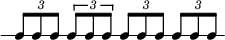  {
\override Score.TimeSignature #'stencil = ##f
\new RhythmicStaff {
   \clef percussion
   \time 5/4
   \set Score.tempoHideNote = ##t \tempo 4 = 100
   \tuplet 3/2 { c8 c c }
   \once \override TupletBracket.bracket-visibility = ##t \tuplet 3/2 { c8 c c }
   \once \override TupletNumber.text = #tuplet-number::calc-fraction-text \tuplet 3/2 { c8 c c }
     \once \override TupletNumber.text =
    #(tuplet-number::append-note-wrapper
      (tuplet-number::non-default-tuplet-fraction-text 3 2) "8") \tuplet 3/2 { c8 c c }
} }
